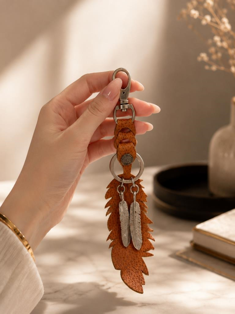 Hakiki Deri Yaprak Anahtarlık Karabinalı Araba Anahtarı Çanta Askısı Metal Tüy Detaylı Bohem Anahtarlık Unisex 21.5 CM