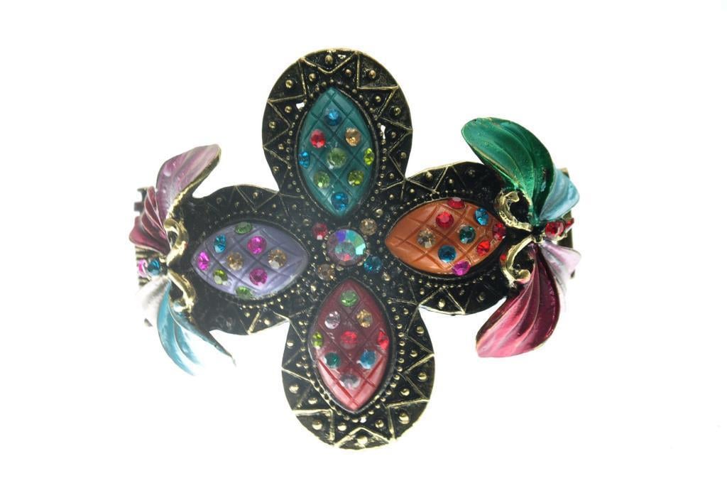 Hdmarketim Otantik Swarovski Taşlı Çiçekli Kelepçe Metal Bileklik