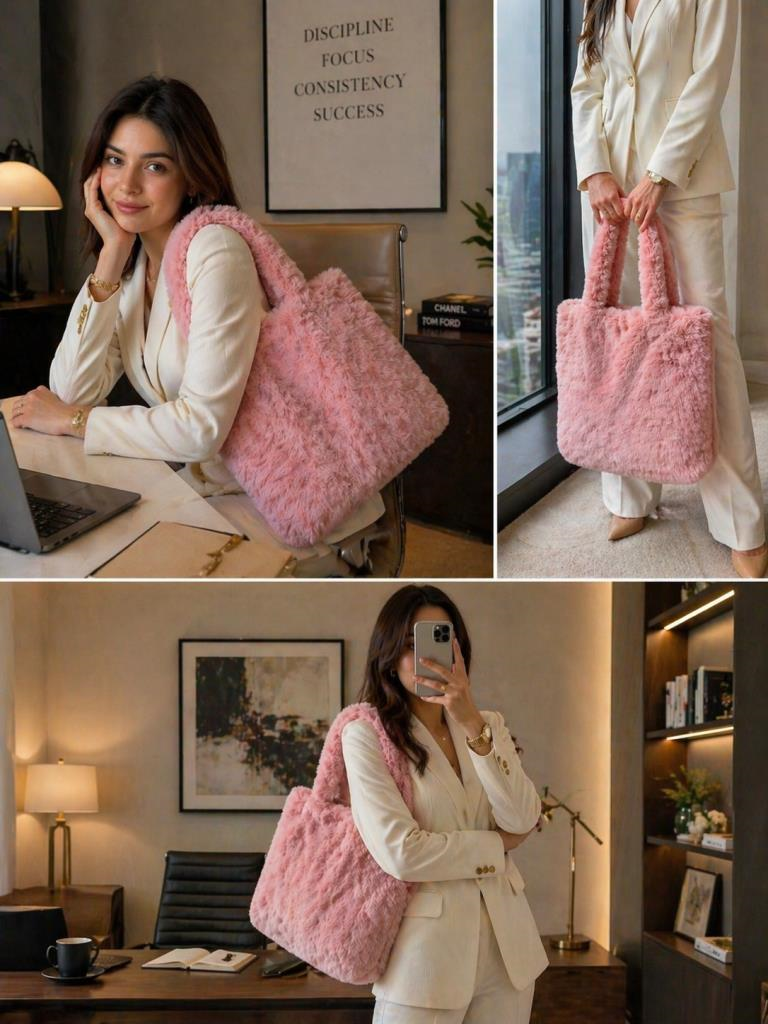 Kadın Pembe Peluş Omuz Çantası Kadın – Yumuşak Dokulu, Geniş İç Hacimli, Hafif, Günlük Kullanım, One Size Tote Çanta
