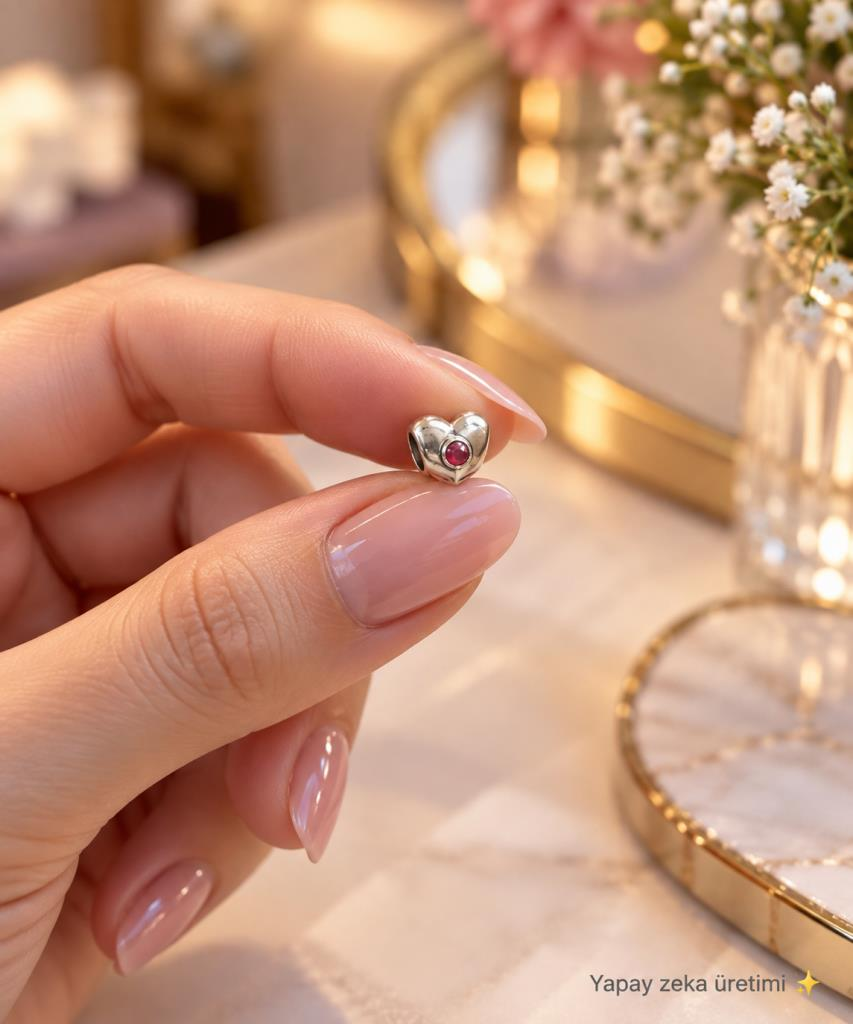 Kalp Figürlü Kırmızı Taşlı Charm Boncuk Bileklik Takısı