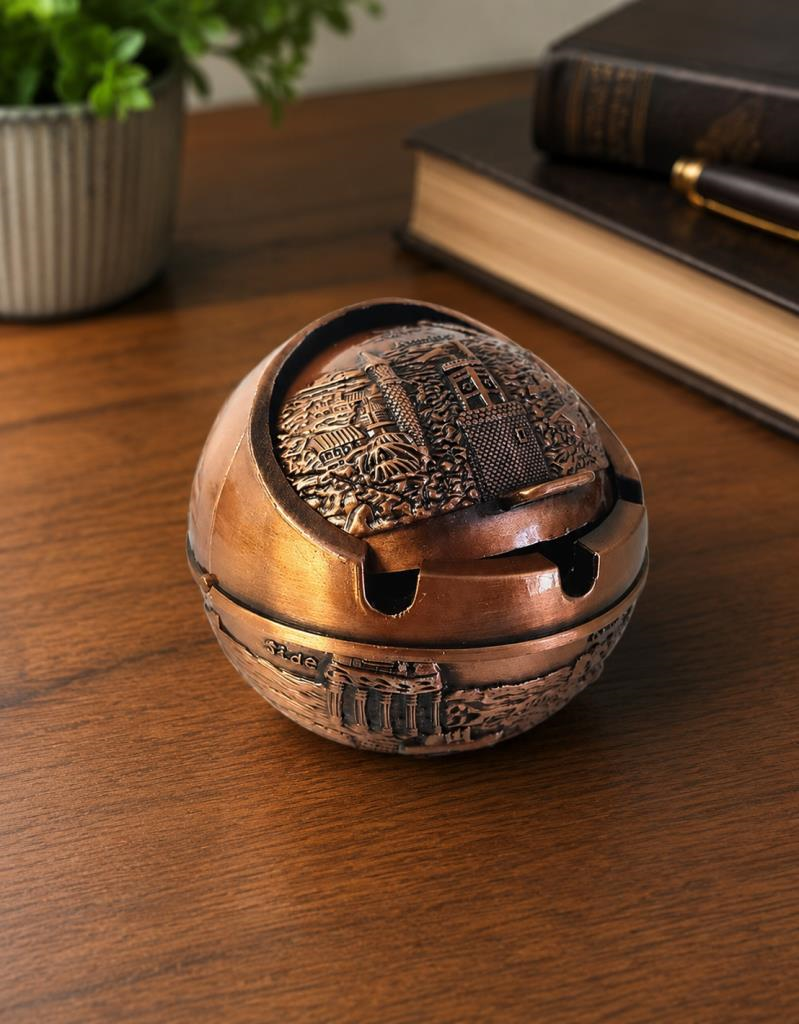 Kapaklı Metal Küllük Açılır Kapanır Dekoratif Masa Üstü Küllük Vintage Bakır 7.5 Cm 