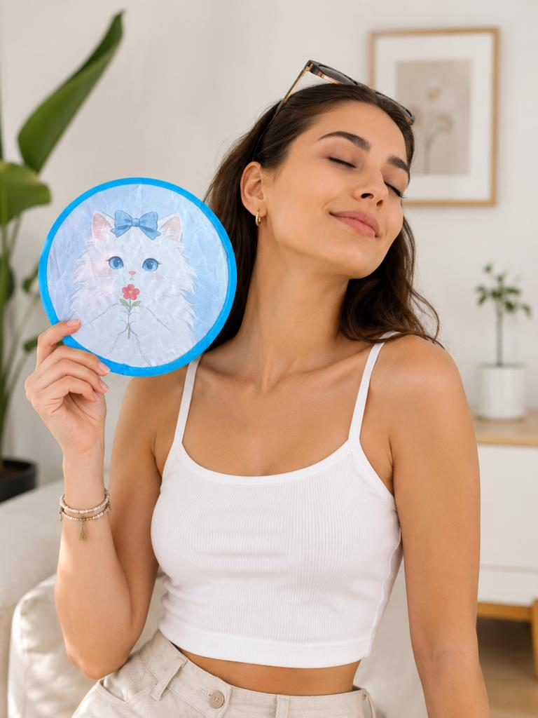 Katlanabilir Mini Yelpaze Kedi Desenli – Taşınabilir Cep Yelpazesi, Çantalı Yazlık El Yelpazesi, Hafif ve Pratik