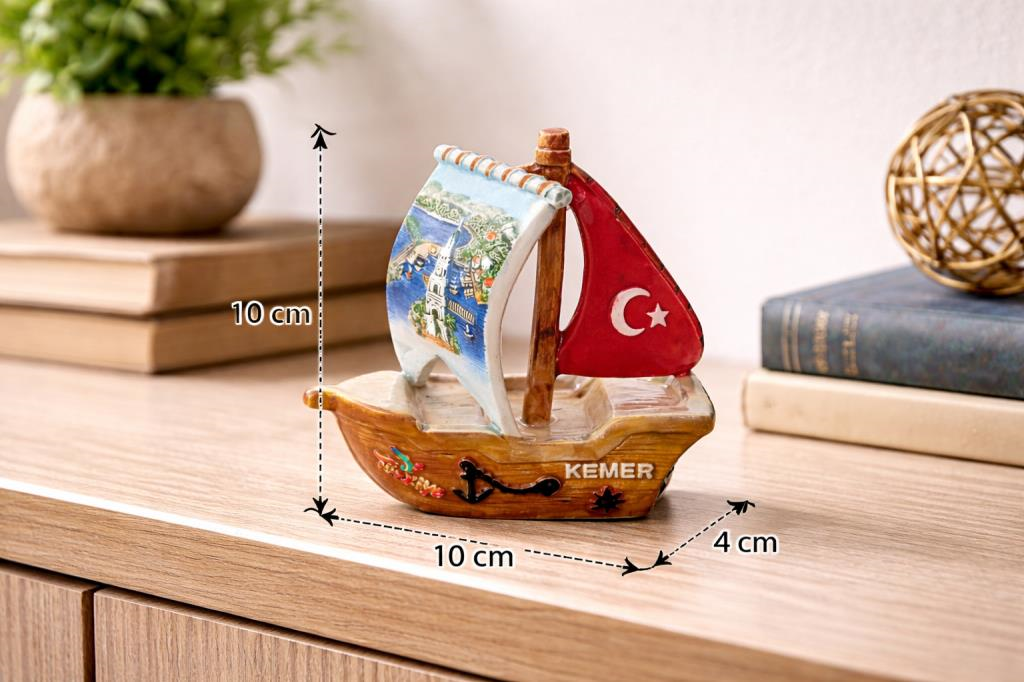 Kemer Hatırası Seramik Mini Gemi Yelkenli Biblo | Dekoratif Şık Hediyelik Obje Türk Bayrağı Detaylı 