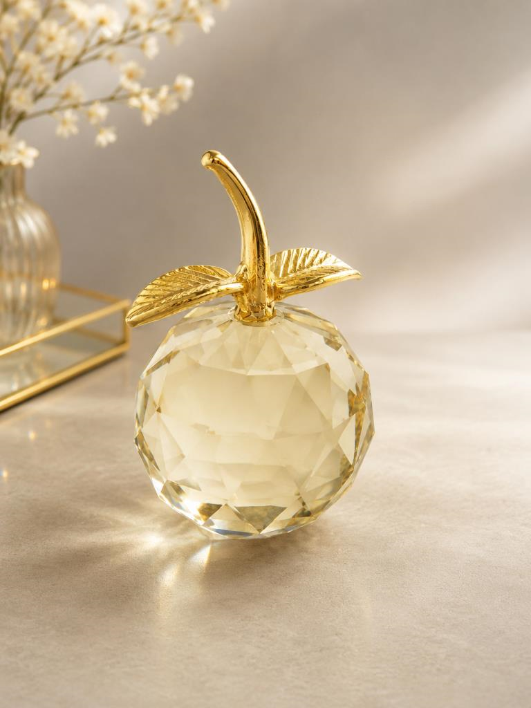 Kristal Elma Biblo Gold Yapraklı Dekoratif Cam Obje 10.5 Cm Şık Masa Üstü Salon Ofis Ev Dekoru