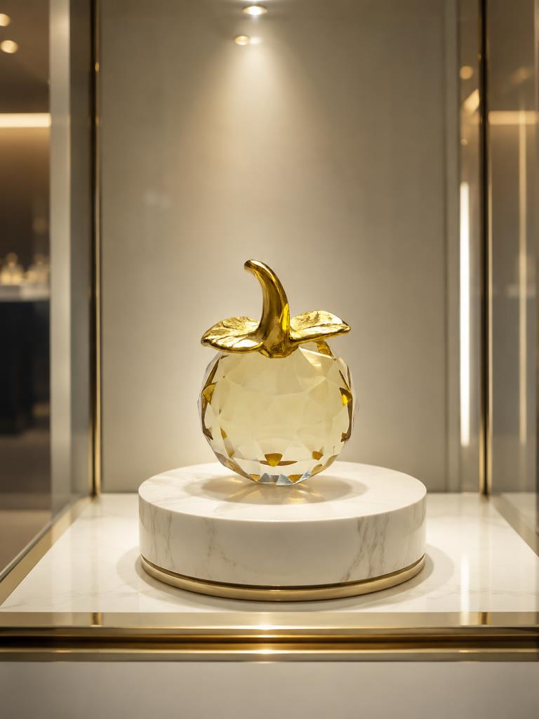 Mini Sarı Kristal Elma Biblo 7.5 Cm Dekoratif Cam Obje Gold Yapraklı Şık Masa Üstü Süsü 