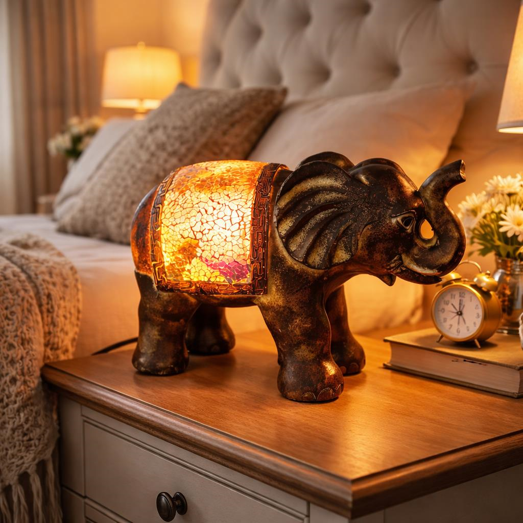 Mozaik Fil Tasarım Polyester Masa Lambası – Otantik Dekoratif Gece Lambası, Sıcak Işık Veren Ortam Aydınlatma