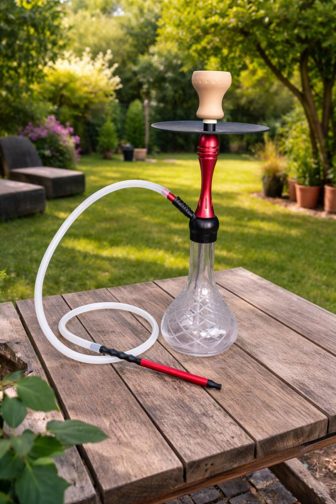 Nargile Takımı 60 cm Büyük Boy | Cam Şişe 17 cm Çap | Modern Kırmızı Gövde | Bahçe & Balkon Kullanımına Uygun Şık Nargile