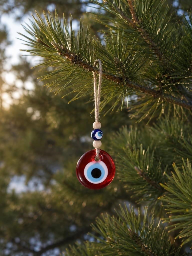 Nazar Boncuğu Dikiz Aynası Süsü Kırmızı Renkli 4 cm Duvar Süsü El Yapımı Cam Kapı Süsü 