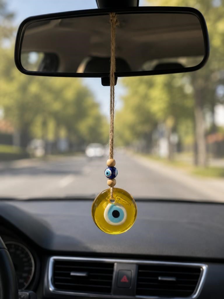 Nazar Boncuğu Dikiz Aynası Süsü Sarı Renkli Duvar Süsü El Yapımı Cam Kapı Süsü Araba