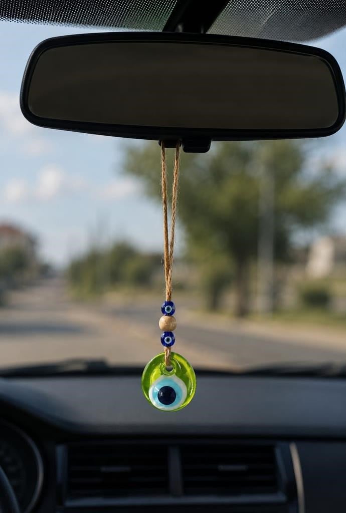 Nazar Boncuğu Dikiz Aynası Süsü Yeşil Renkli 3 cm Duvar Süsü El Yapımı Cam Kapı Süsü 