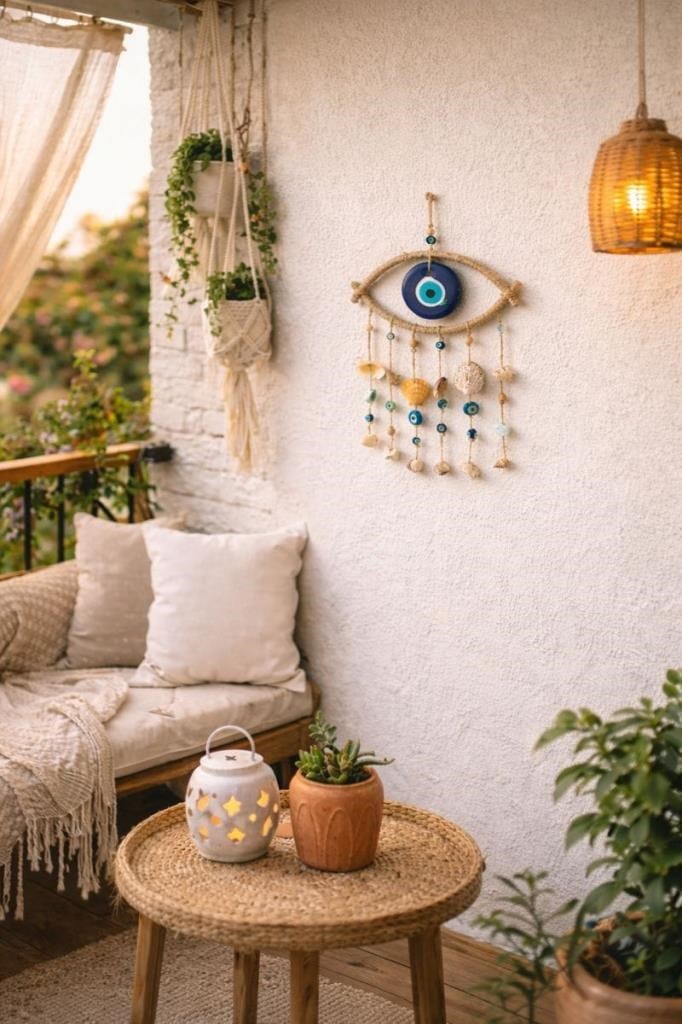 Nazar Boncuklu Hasır Deniz Kabuklu Duvar Süsü Rüzgar Çanı 11319