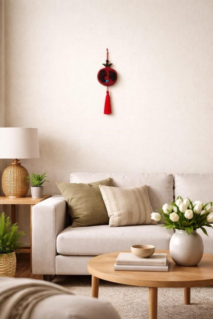 Reçine Nar Duvar Süsü Nazar Boncuklu 35 cm – El Yapımı Kırmızı Püsküllü Bereket Sembolü Ev & Ofis Dekoru 