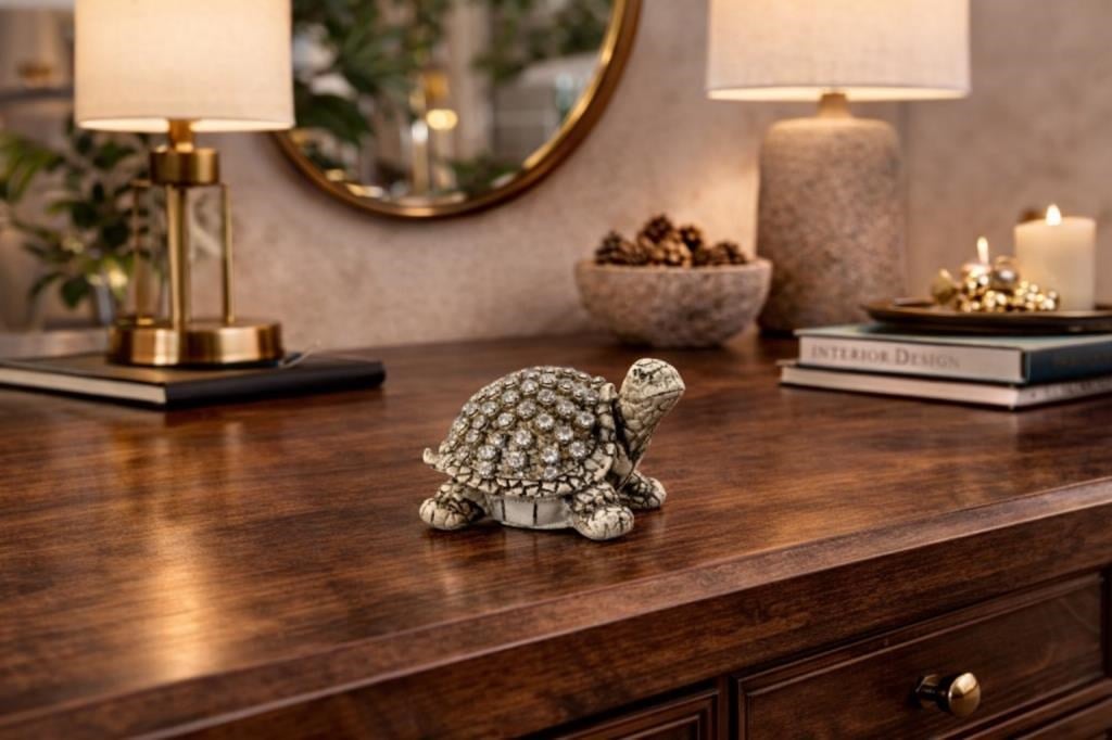 Sedef Renk Mini Kaplumbağa Biblo Taşlı Dekoratif Şans Figürü – Konsol Vitrin Masa Üstü Süs 6 cm