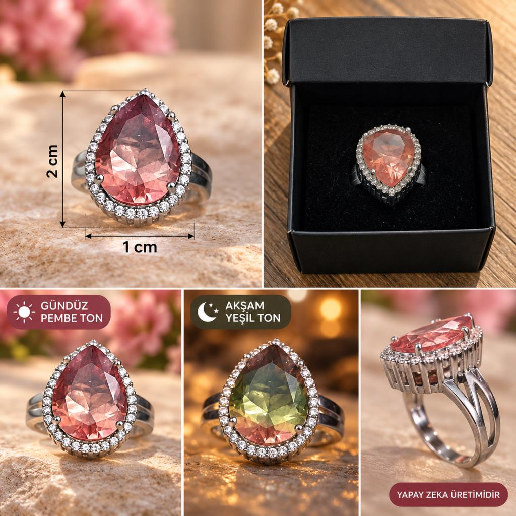 Sultanit Yüzük Damla Taşlı Renk Değiştiren Ayarlanabilir Kutulu 2x1 cm 