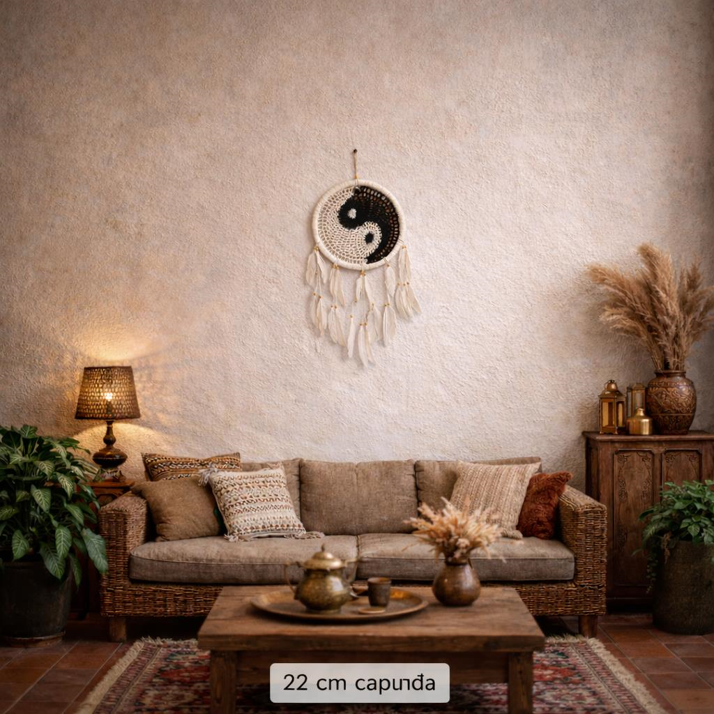 Yin Yang Rüya Kapanı Duvar Süsü – El Yapımı Makrome Dreamcatcher Bohem Duvar Dekoru Tüylü Bambu Kasnak Ev Dekorasyonu