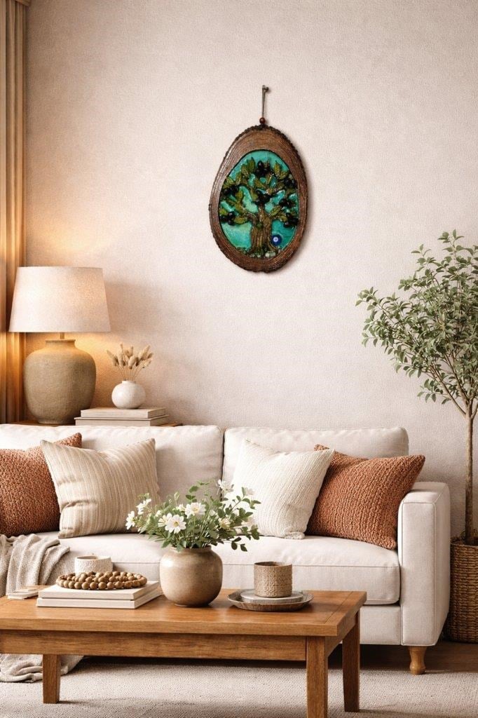 Zeytin Ağacı Epoksi Duvar Süsü – El Yapımı Nazar Boncuklu Ahşap Dekoratif Tablo | Doğal Tasarım Salon, TV Ünitesi Yanı Duvar Dekoru (38x20,5 cm)