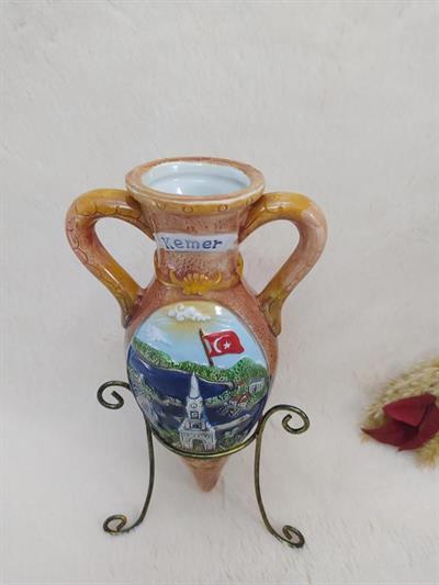 Vazo Testi Çiçeklik Amfora Kulplu Ayaklı Vazo  Kemer Yazılı Seramik