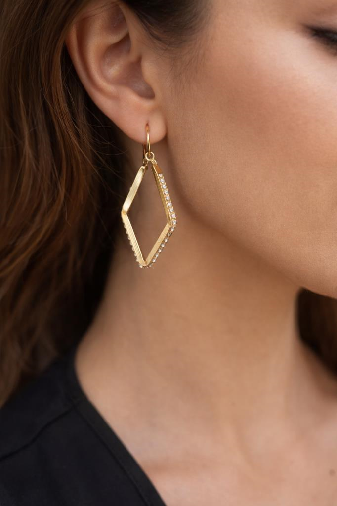 316L Çelik Taşlı Küpe – Kararmaz Gold Renk Geometrik Sallantılı Küpe
