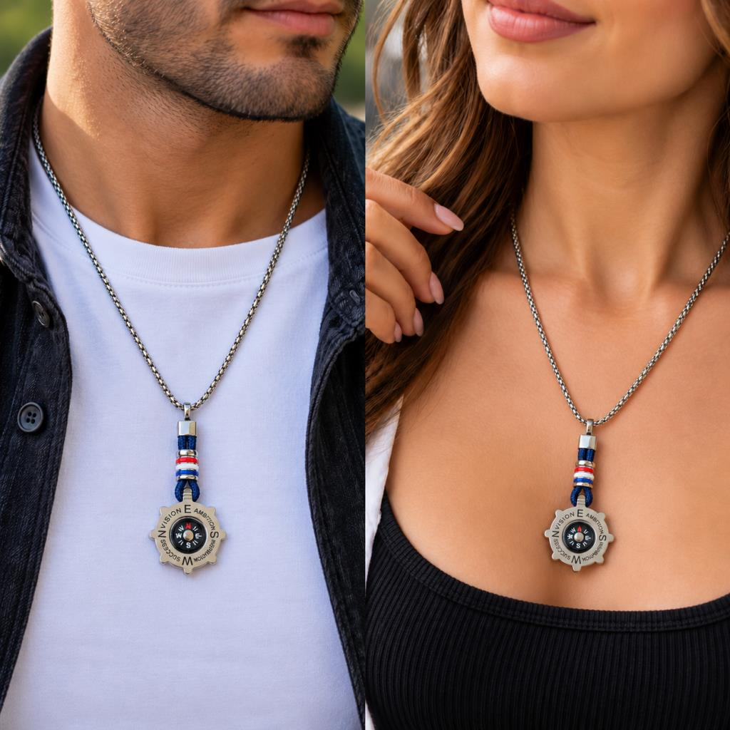 316L Paslanmaz Çelik Pusula Kolye Unisex Gümüş Renk Kutulu
