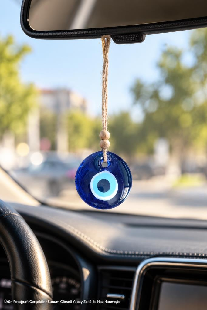 5 cm Cam Nazar Boncuğu Dikiz Aynası Kapı Duvar Ağaç Süsü Jüt İpli Dekoratif Nazar Boncuğu