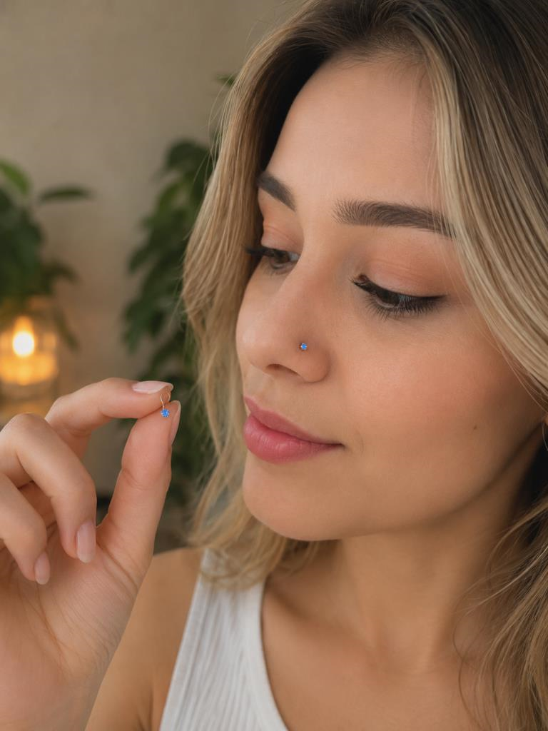 925 Ayar Gümüş Açık Mavi Taşlı Burun Hızması Piercing Minimal L Şekilli Unisex Nose Stud