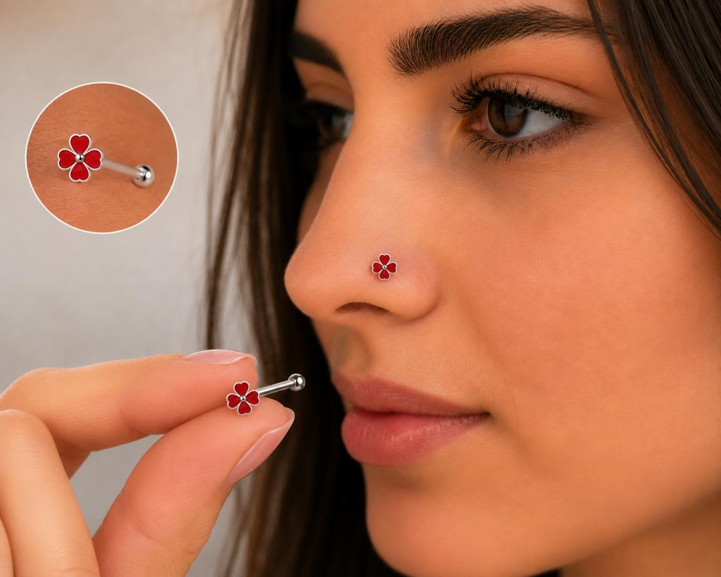 925 Ayar Gümüş Burun Hızması Kırmızı Çiçek Desenli Minimal Nose Stud Kadın Erkek Unisex 8 mm 