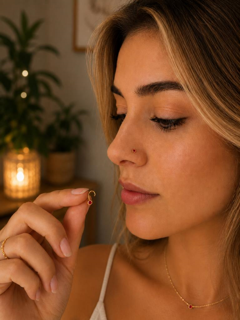 925 Ayar Gümüş Kırmızı Taşlı Burun Hızması Piercing Minimal L Şekilli Unisex Nose Stud