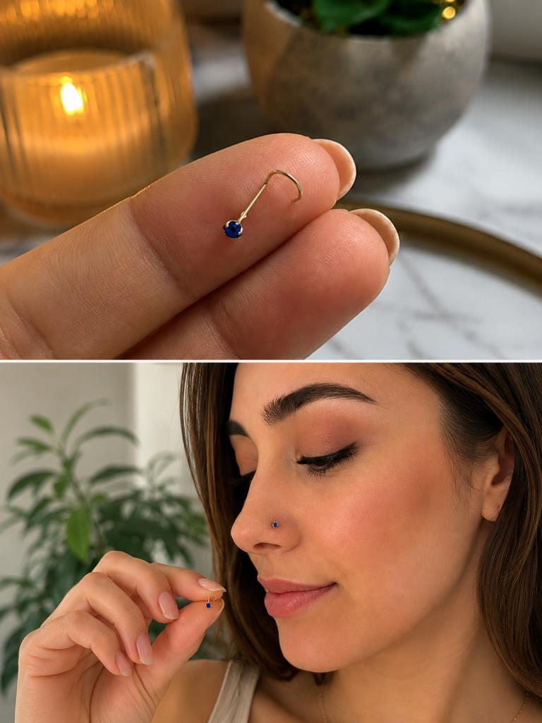 925 Ayar Gümüş Mavi Taşlı Burun Hızması Piercing Minimal L Şekilli Unisex Nose Stud