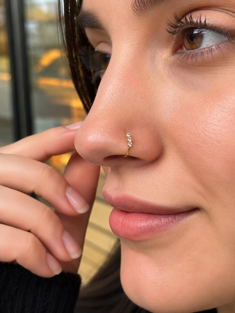 925 Ayar Gümüş Minimal Burun Hızması Piercing Halka Model Taş Detaylı Unisex 