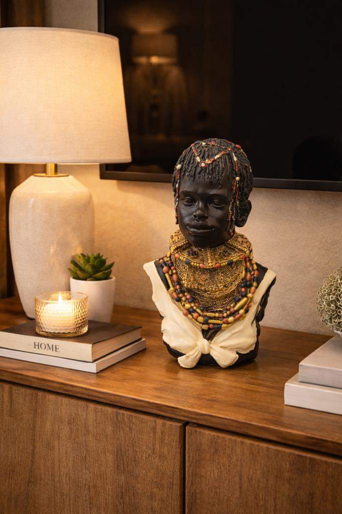 Afrikalı Kadın Büst Biblo 36 cm – Etnik Salon Dekorasyonu, Afrika Temalı Dekoratif Heykel, Konsol ve Şömine Üstü Dekor Objesi