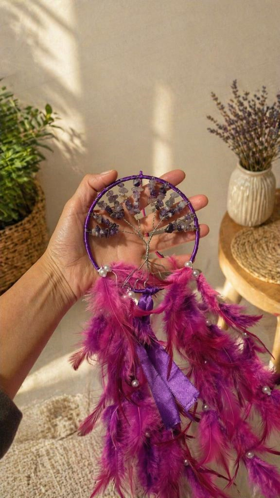 Ametist Doğal Taşlı İncili Rüya Kapanı (Dreamcatcher) 50 cm İncili  Duvar Süsü