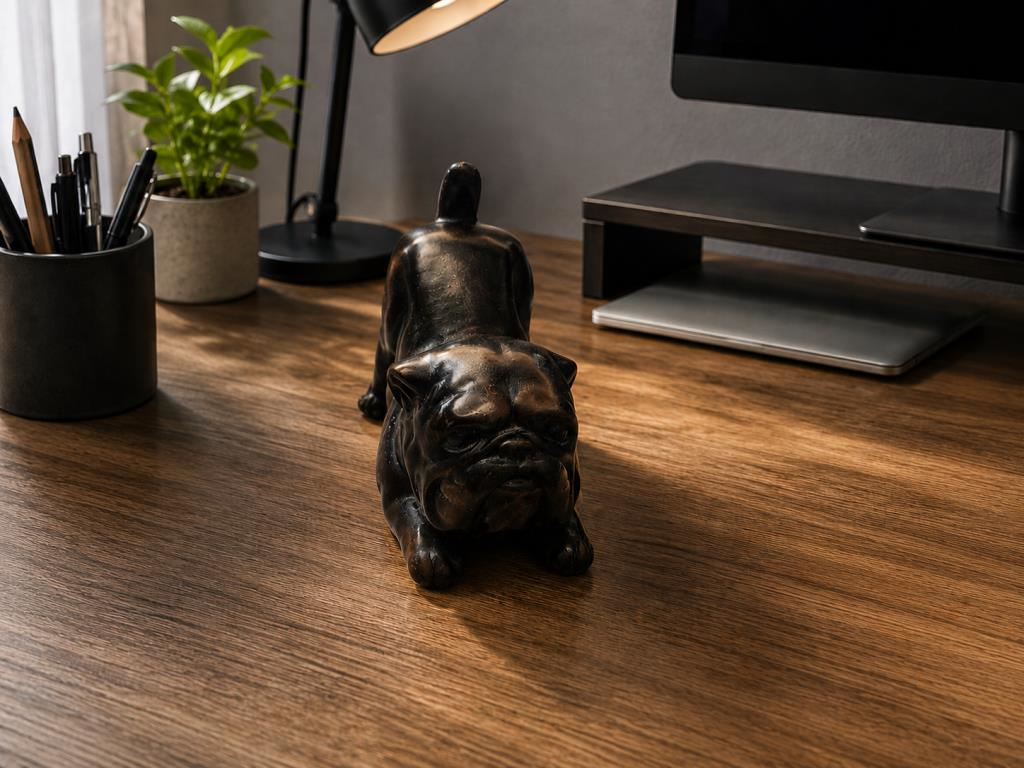 Bulldog Biblo Dekoratif Reçine Siyah Köpek Figürü – Modern Masaüstü Dekoru – Ofis, Kitaplık ve Ev Dekorasyonu – 7.5x10x5 cm
