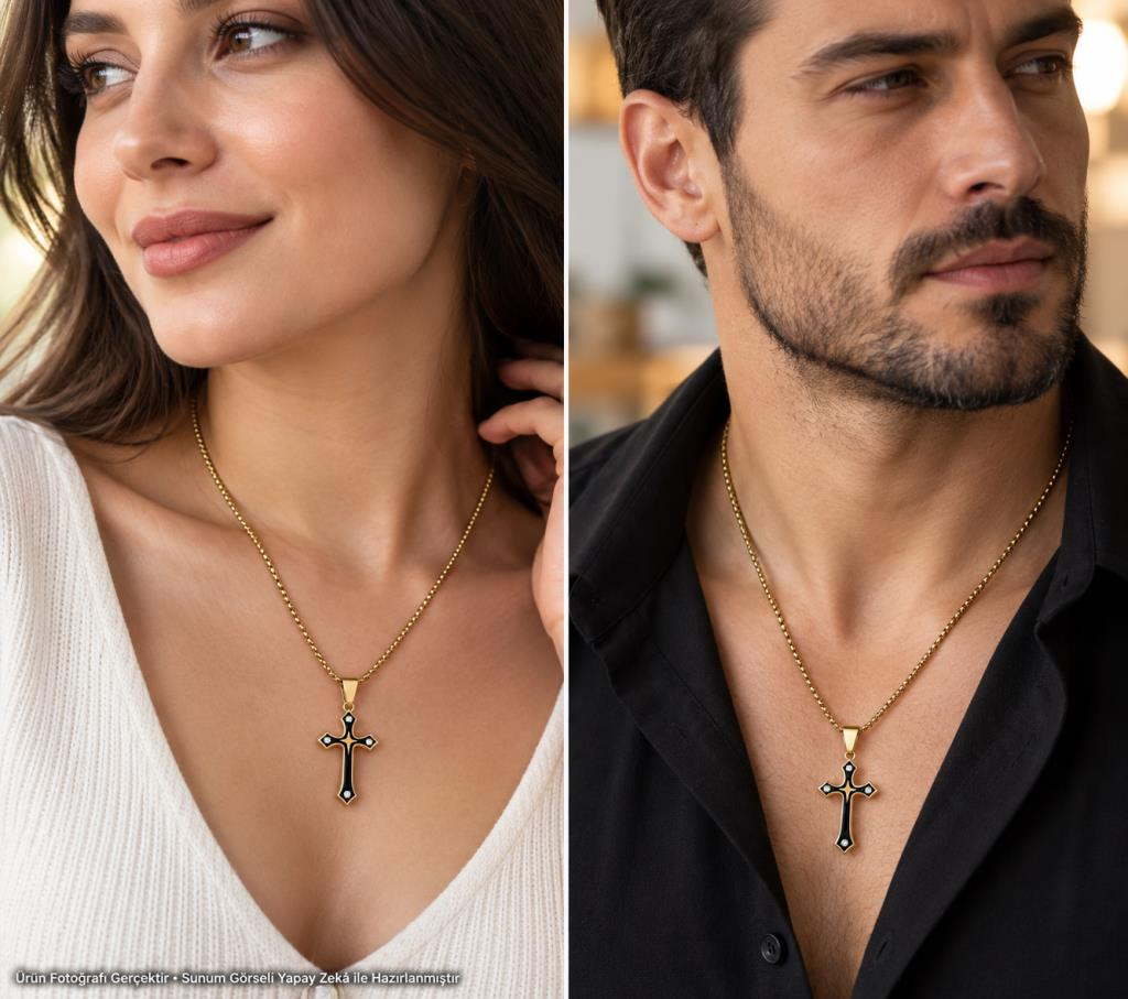 Çelik Haç Kolye 316L Stainless Steel Gold Renk Kutulu Unisex 