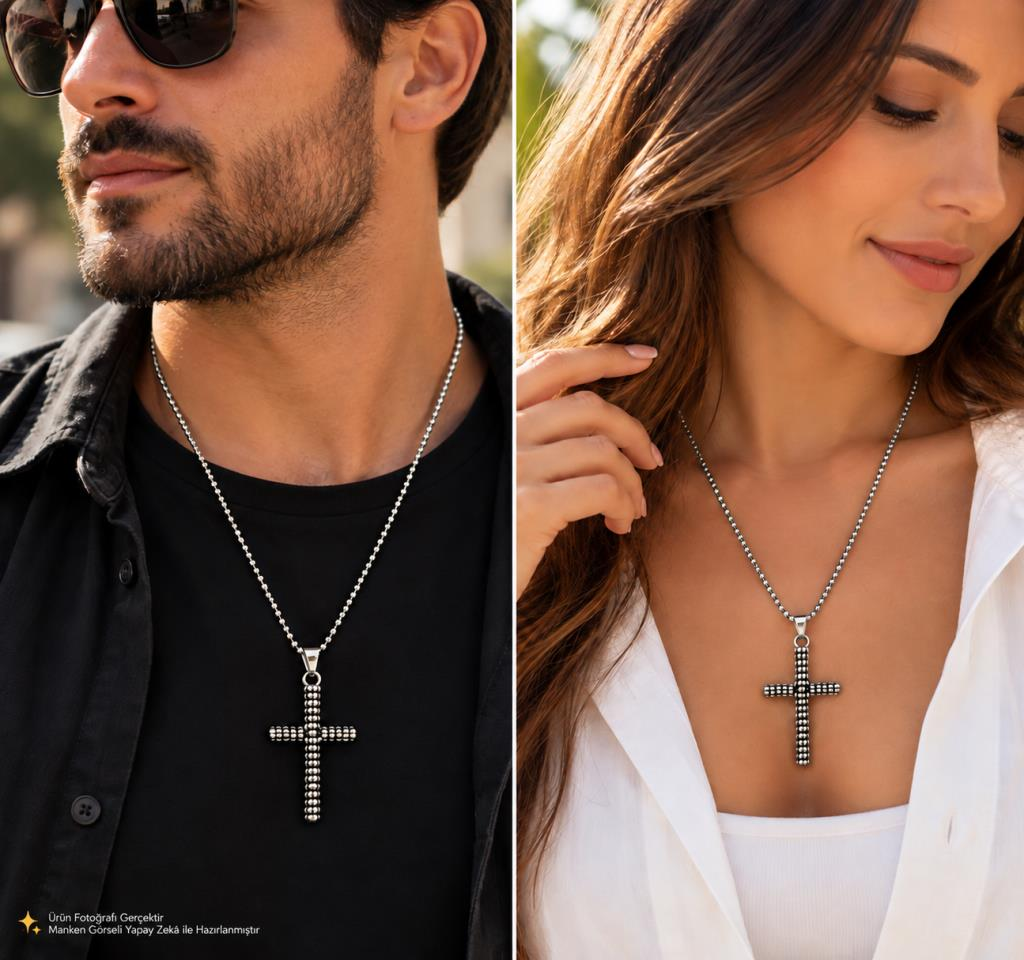 Çelik Haç Kolye Gümüş Renk Unisex 316 L Stainless Steel Cross Necklace Kutulu 