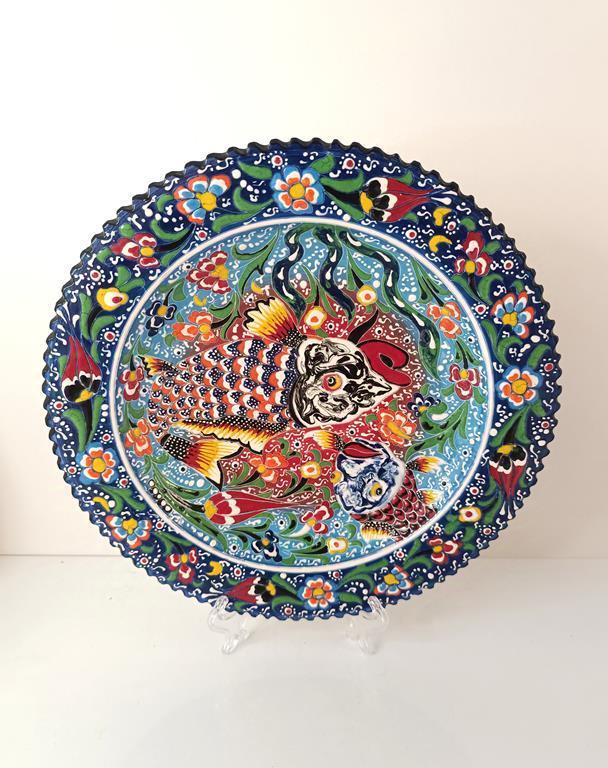 Çini El Yapımı Kabartma Etnik Balık Desen Seramik Çini Tabak 30 cm