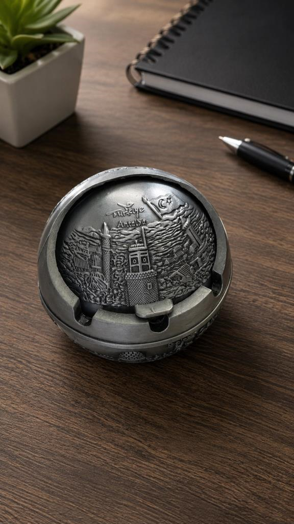 Dekoratif Metal Küllük Kapaklı Retro Masaüstü Küllük 7.5 cm Açılır Kapanır 