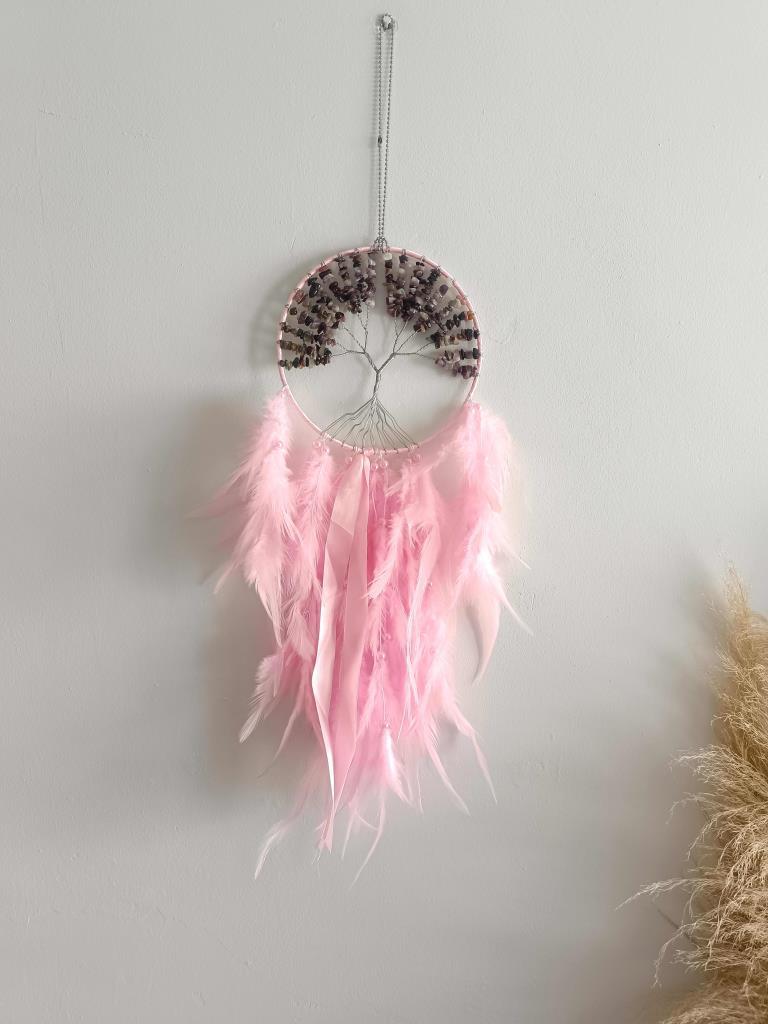 Düş Kapanı Tel Sarma İncili Hayat Ağacı Doğaltaş Kuş Tüylü Rüya Kapanı Duvar Süsü Pembe