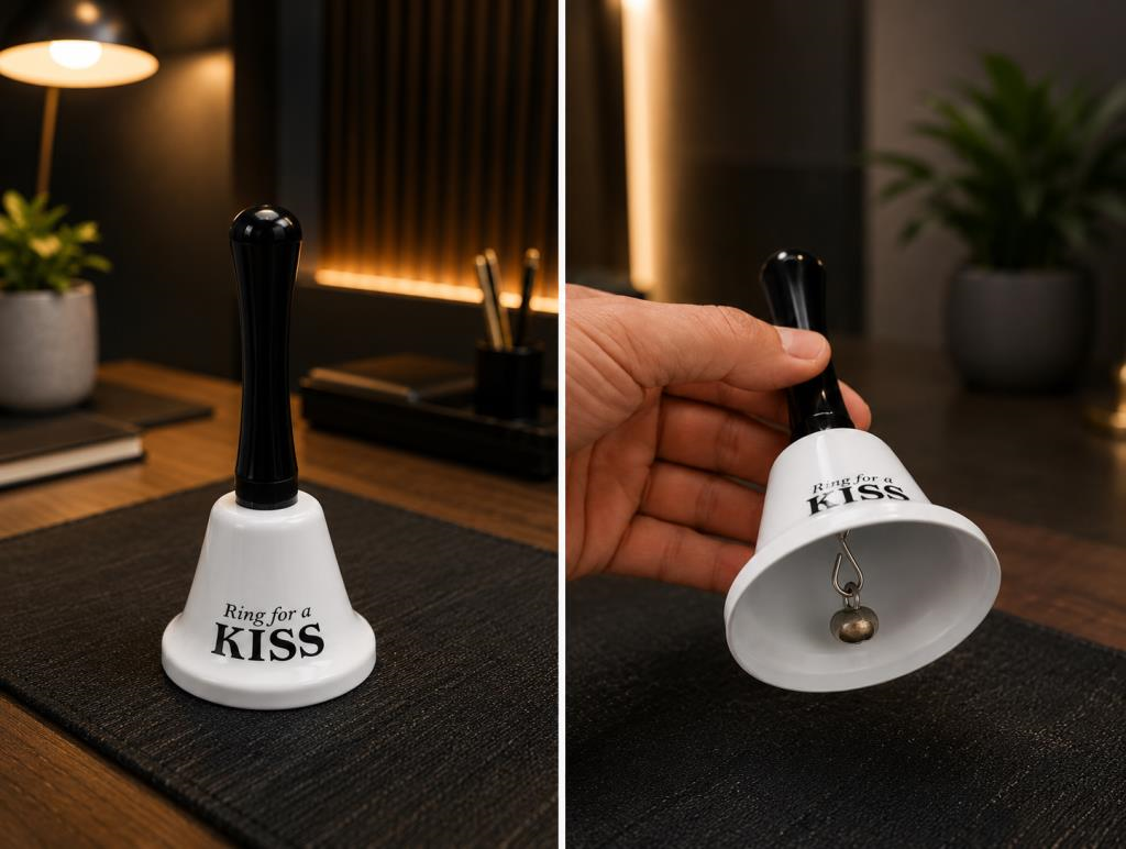 El Çanı Dekoratif Masa Zili – Ring For A Kiss Tasarımlı Romantik Hediye 13 cm Çan Zil  Beyaz 