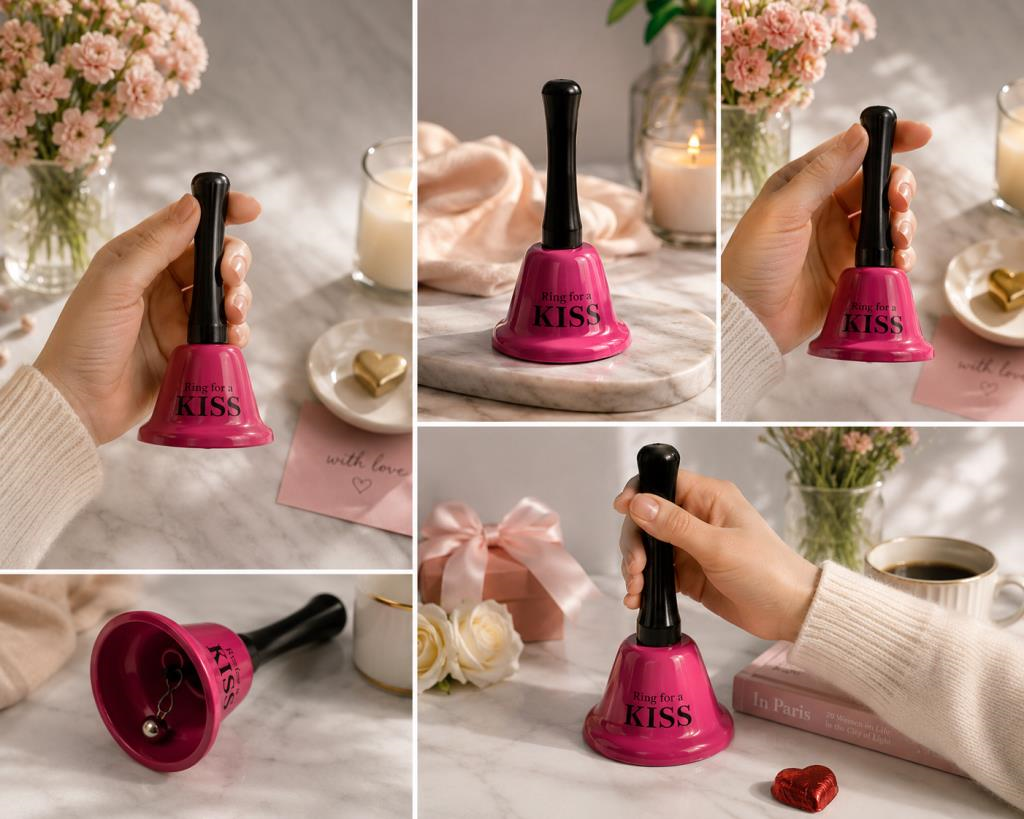El Çanı Dekoratif Masa Zili – Ring For A Kiss Tasarımlı Romantik Hediye 13 cm Çan Zil  