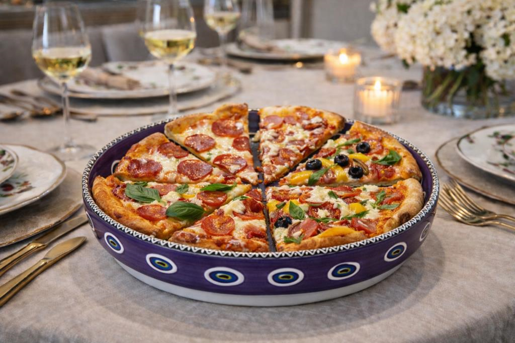El Yapımı Çini Pizza Tabağı 30 cm – Nazar Motifli Seramik Servis Tabağı | Sunum & Sofra Dekoru