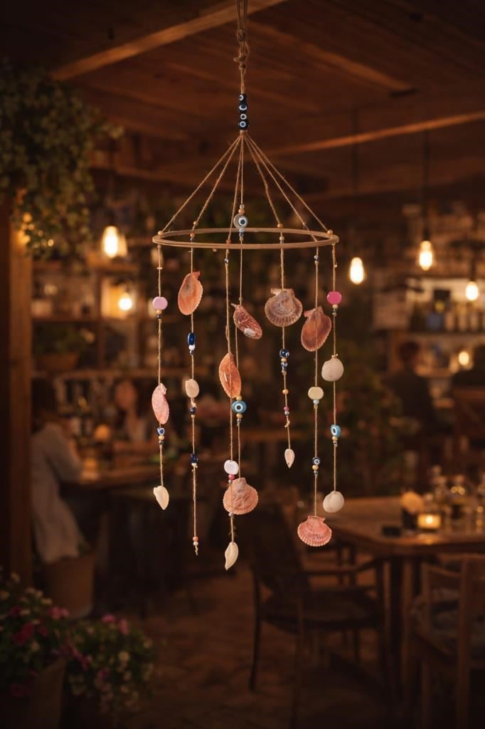 El Yapımı Deniz Kabuklu Rüzgar Çanı 90 cm | Bohem Balkon Teras Dekoru | Nazar Boncuklu Askılı Süs