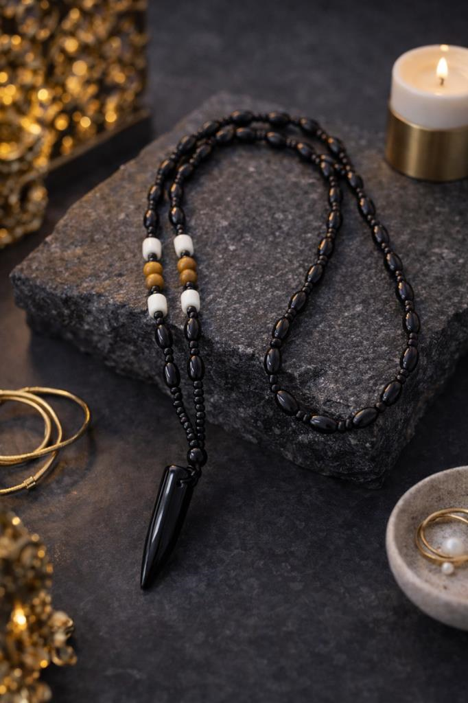 El Yapımı Siyah Boncuk Kolye – Otantik Uç Detaylı Unisex Minimal Tasarım