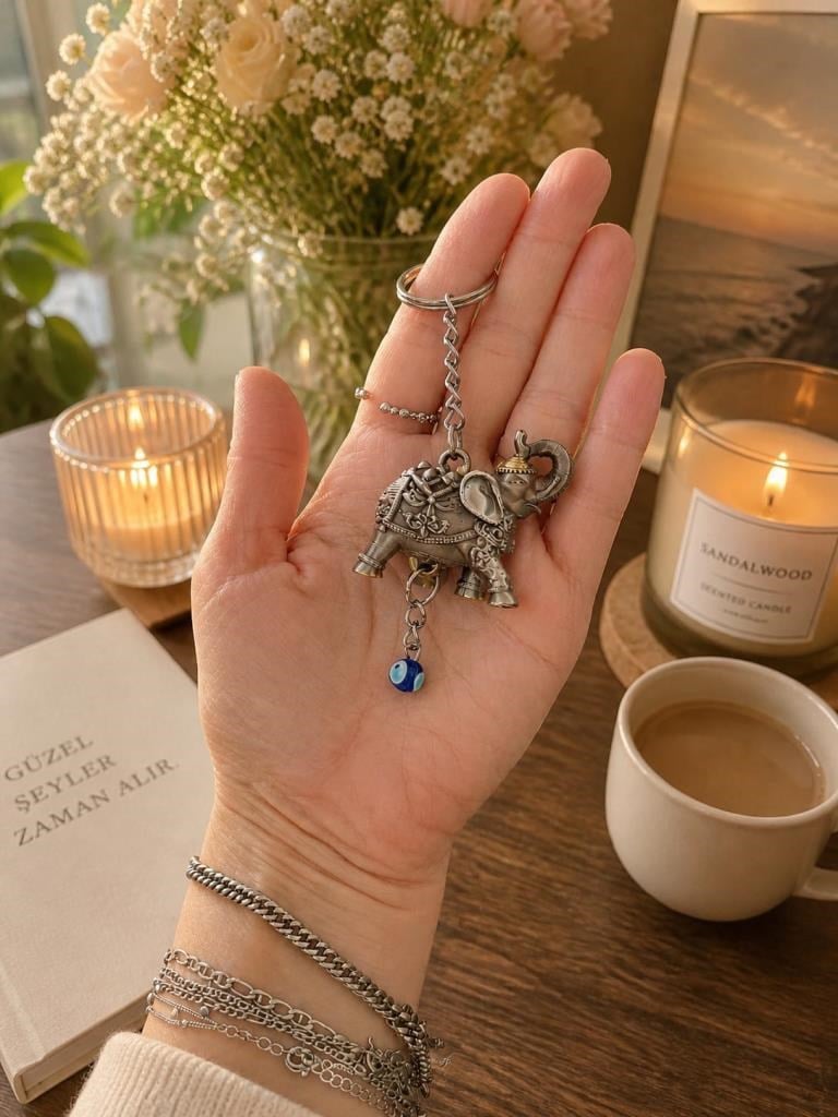 Fil Anahtarlık Nazar Boncuklu 3 Renkli Pembe Sarı Gri Şık Tasarım Hediyelik Anahtarlık