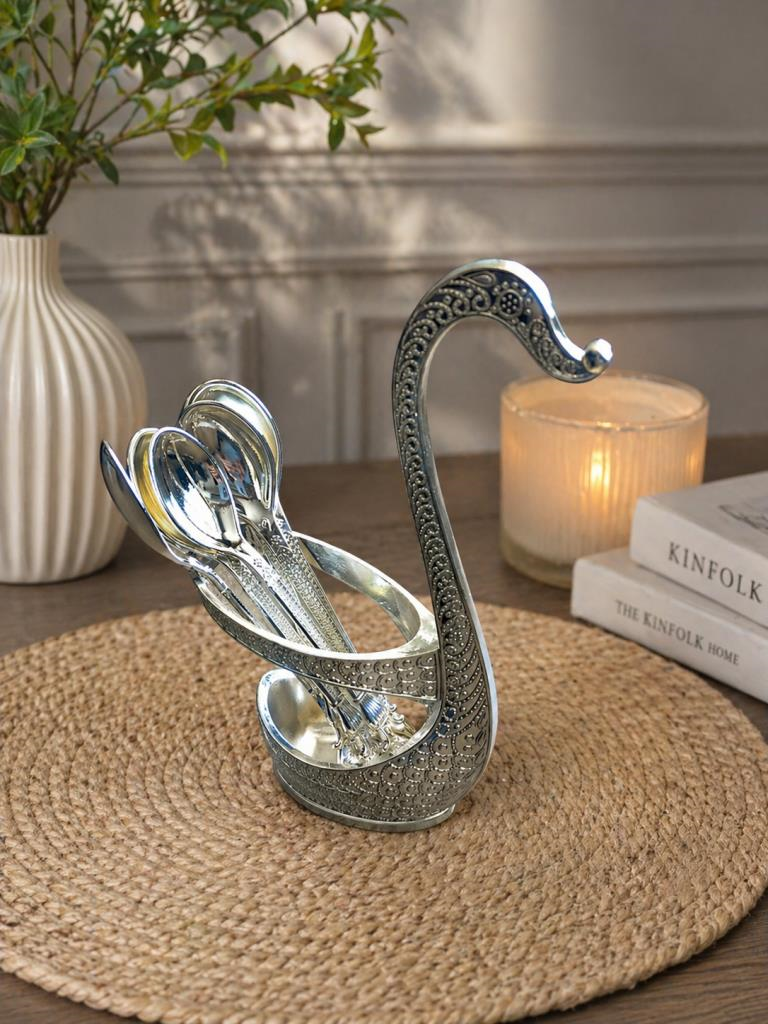 Kaşıklık Seti 6’lı Metal Kaşık Standı Dekoratif Çay Kaşığı Seti Kuğu Tasarımlı 12 cm Kaşık 15 cm Stand