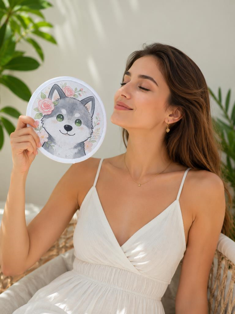 Katlanabilir Mini Kumaş Yelpaze 20 cm Kurt Desenli Çantalı El Yelpazesi Taşınabilir Yazlık Serinletici
