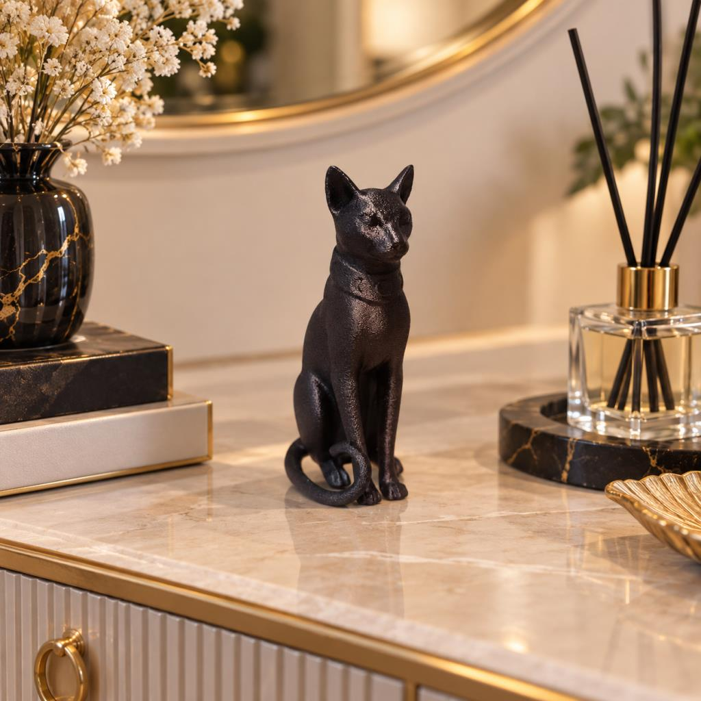 Kedi Biblo Mısır Kedisi Bastet Esintili Siyah Dekoratif Figür Ev Ofis Masa Raf Vitrin Süsü