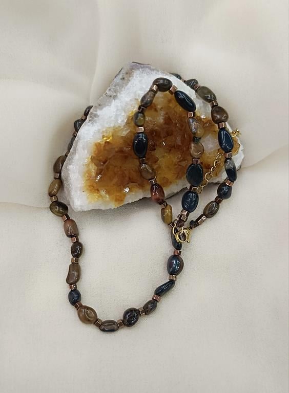 Kolye Çelik Natural Dogaltaş Kaplan Gözü Kadın Kız Takı Gerdanlık Düğün Nişan