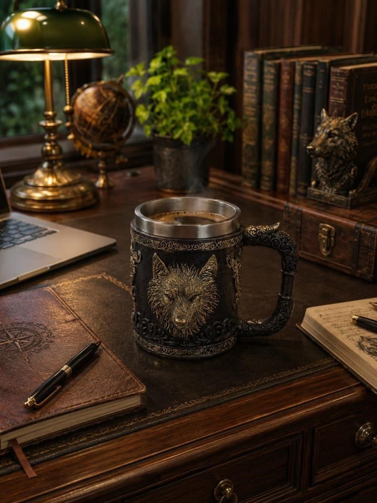 Kurt Figürlü Viking Kupa Bardak 400 ML – Paslanmaz Çelik İç Hazneli Dekoratif Mug 11 cm