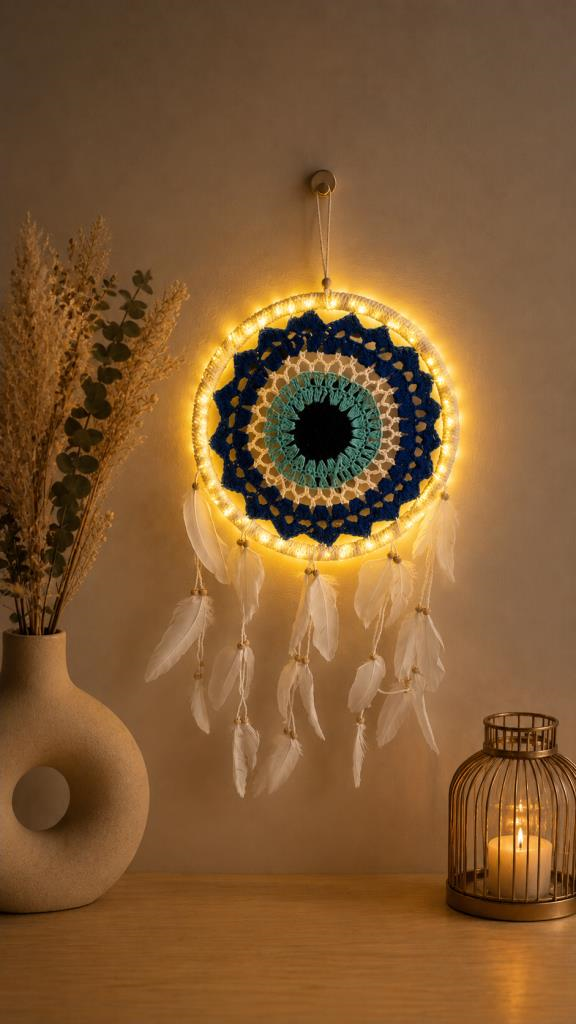 LED Işıklı Dream Catcher Düş Kapanı El Yapımı Bohem Duvar Süsü Renkli Mandala Dekor 22 Cm