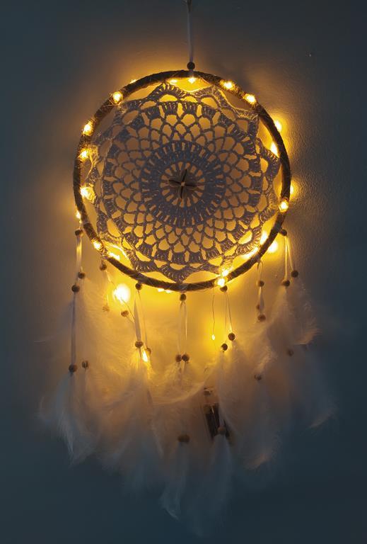 Led Işıklı Düş Kapanı Dreamcatcher Beyaz Kuş Tüyü Rüya Kapanı Duvar Süsü Elişi